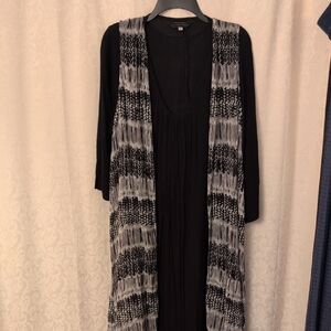 EUC Elegant Black Boho Maxi Dress with Black and Gray Long Flowy Vest